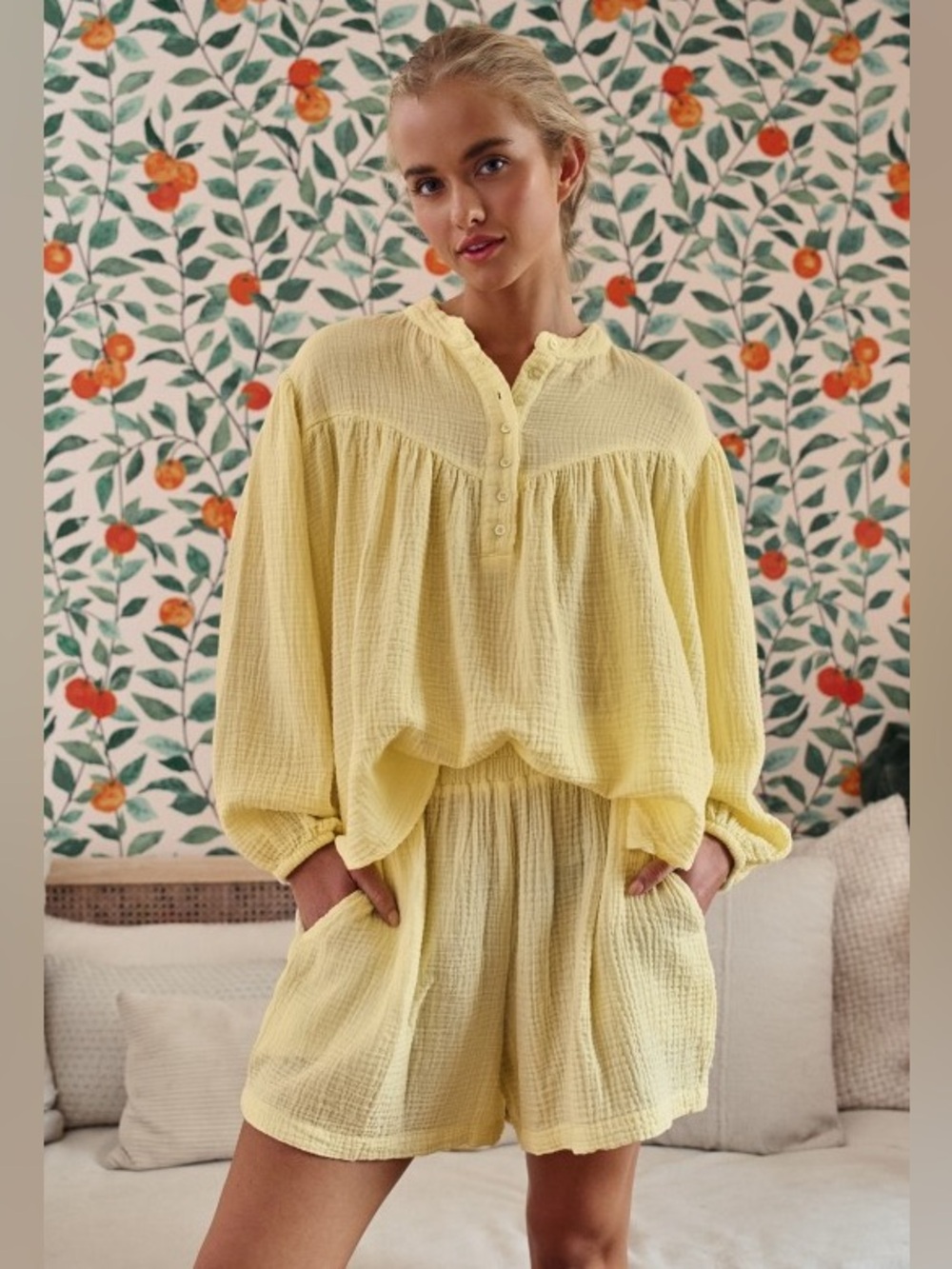 Yellow Two-Piece Cotton Gauze Lounge Set - Henley Style Top + Shorts